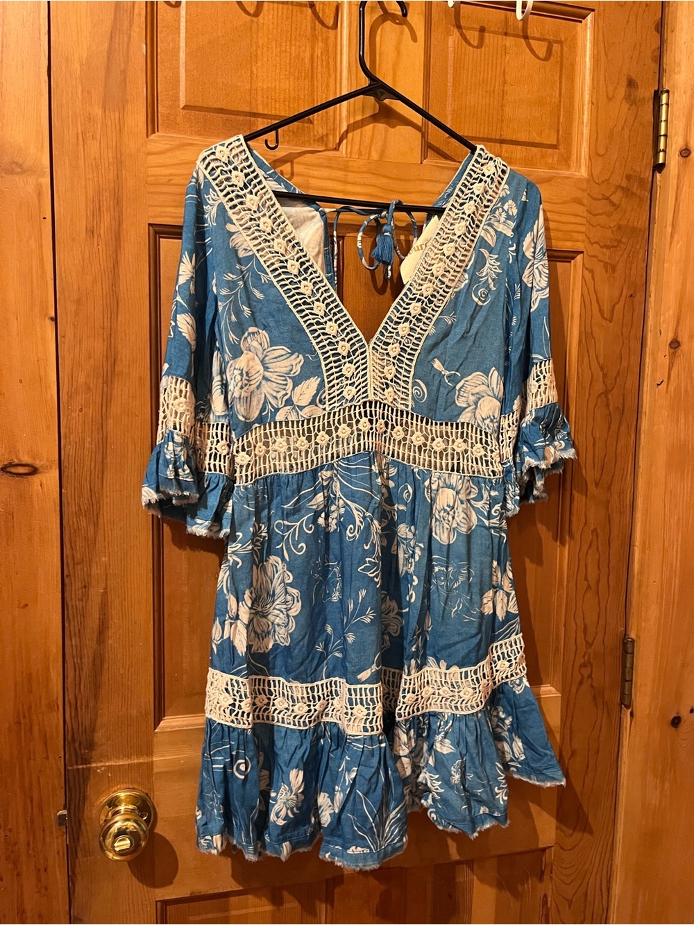 Z & L Europe Boho Blue Floral Crochet-Trim mini-dress/resort wear